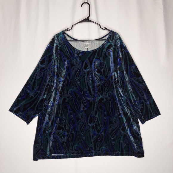 Catherines Tops - Catherines Paisley Velvet Top Women 26/28 Blue Black Stretch 3/4 Scoop Velour